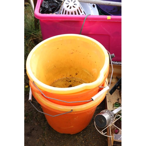 75 - Qty of misc, incl metal pot stand, plastic buckets, pots, watering can, etc