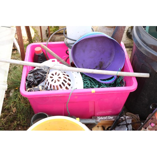 75 - Qty of misc, incl metal pot stand, plastic buckets, pots, watering can, etc