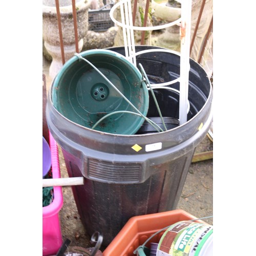 75 - Qty of misc, incl metal pot stand, plastic buckets, pots, watering can, etc