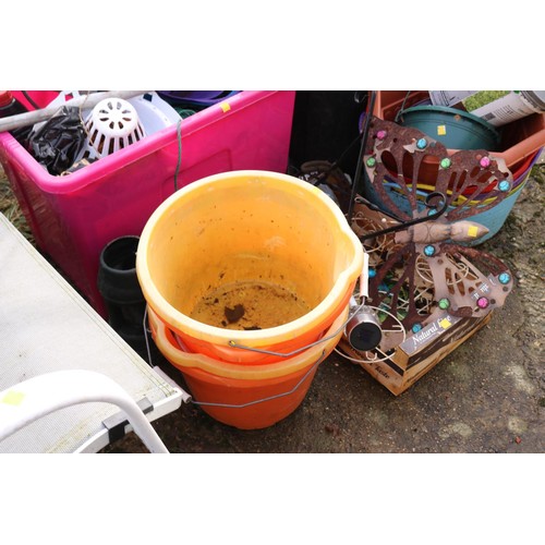 75 - Qty of misc, incl metal pot stand, plastic buckets, pots, watering can, etc