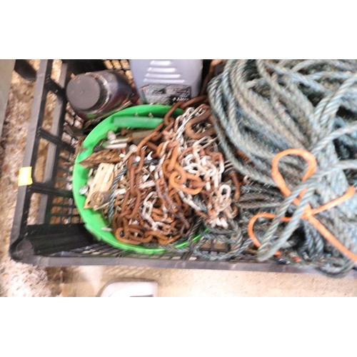 81 - Box of misc, rope, chains, oil, tin of screws, nails, etc