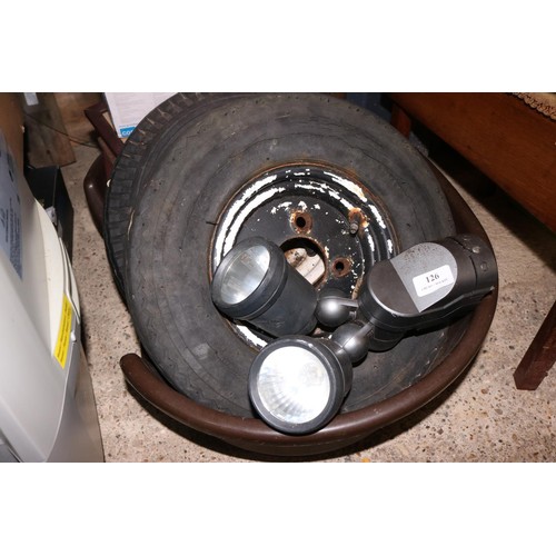 126 - Dog basket, trailer wheels, security lights x2