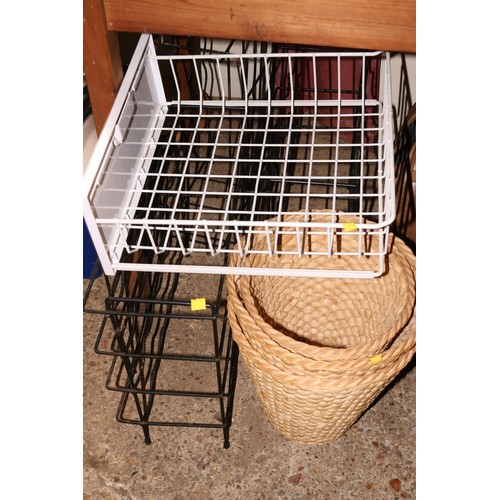 161 - Qty of furniture misc, incl tables, magazine rack, wine racks, bin, screen, baskets, etc