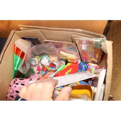 240 - Small box of glasses, box of cutlery & party hats, bread bin & box of misc bits