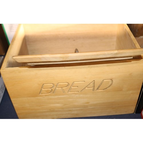 240 - Small box of glasses, box of cutlery & party hats, bread bin & box of misc bits