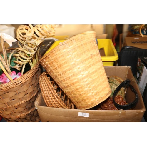 243 - Small box of wicker ware, wicker bin, baskets, etc