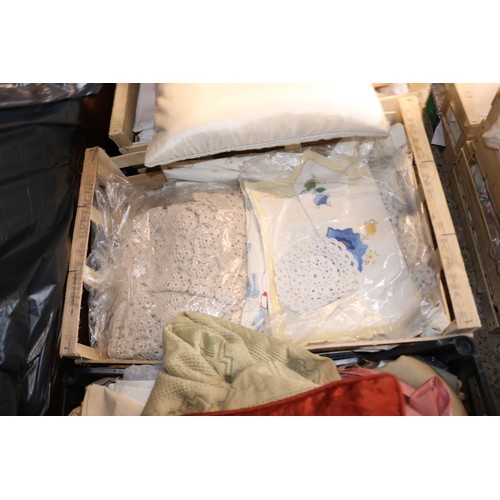 260 - 8 trays of various materials, lace, towels, etc