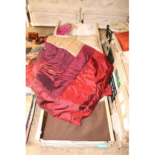 261 - 6 trays of various materials, cushions, blankets, etc