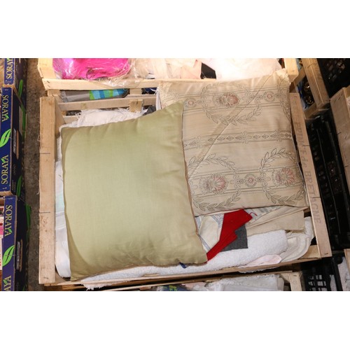 261 - 6 trays of various materials, cushions, blankets, etc