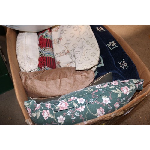 276 - Large box of cushions & 2 blue leather cushions