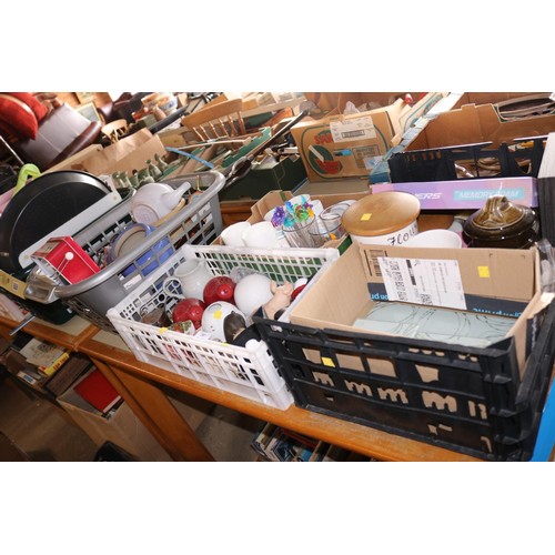 287 - 6 boxes, kitchen ware & 2 linen baskets