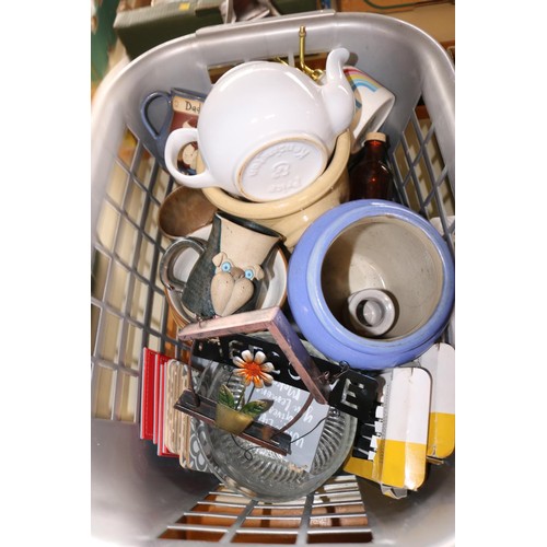 287 - 6 boxes, kitchen ware & 2 linen baskets