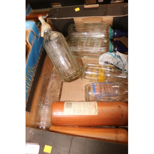 298 - Vintage soda syphons, bols bottles, etc