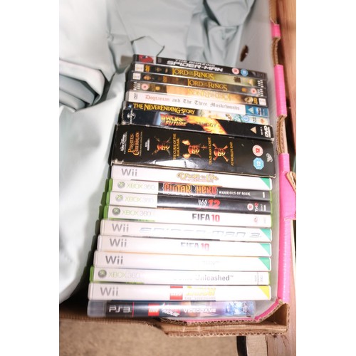 307 - Box, incl PS3 lego game, Wii games, DVD's, curtains, etc