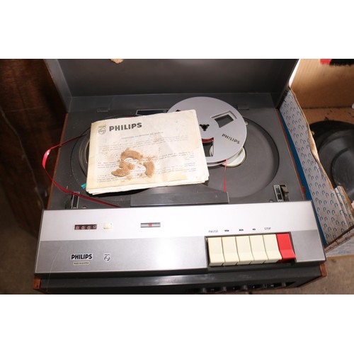 308 - Antique Philips tape to tape recorder with tapes, DVD's, cassettes, etc - to be rewired by a qualifi... 