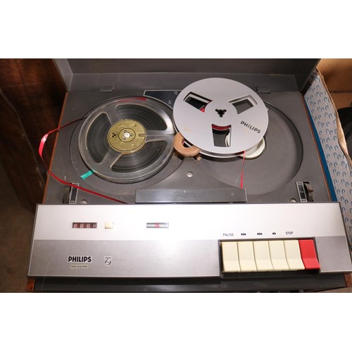 308 - Antique Philips tape to tape recorder with tapes, DVD's, cassettes, etc - to be rewired by a qualifi... 