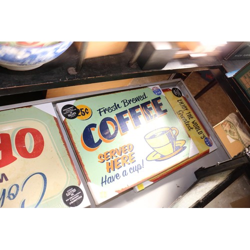 321 - 6 brand new retro style design signs (coffee, wine, pizza, open & bar-b-que)