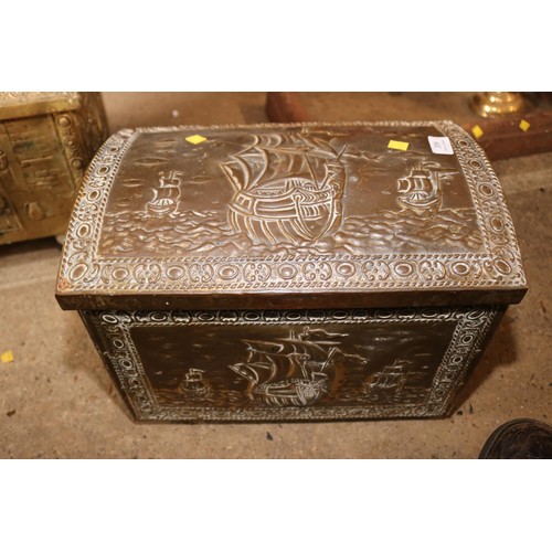 339 - Domed brass covered chest & a enamel jug plus other items