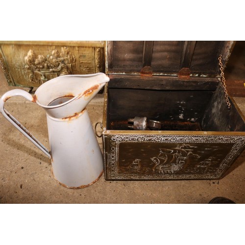 339 - Domed brass covered chest & a enamel jug plus other items