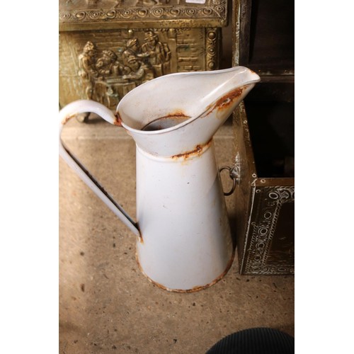 339 - Domed brass covered chest & a enamel jug plus other items