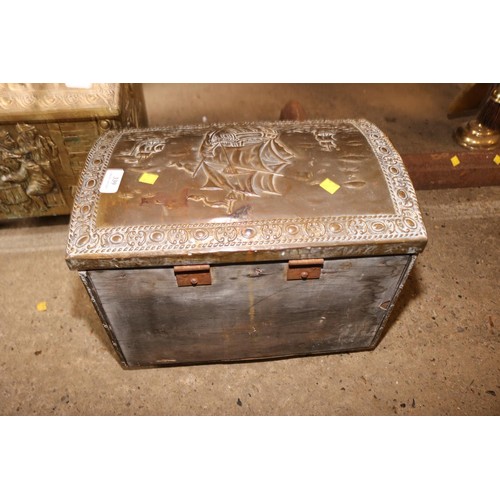 339 - Domed brass covered chest & a enamel jug plus other items