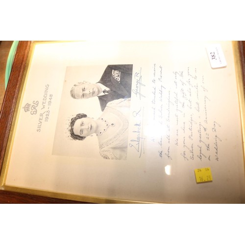 382 - Pair of framed signed thank you letters commemorating the 25th anniversary of King George & Queen El... 