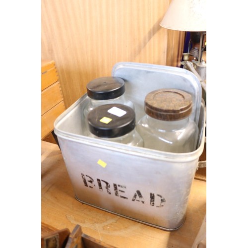 397 - Aluminium bread bin & 3x heavy glass sweet jars