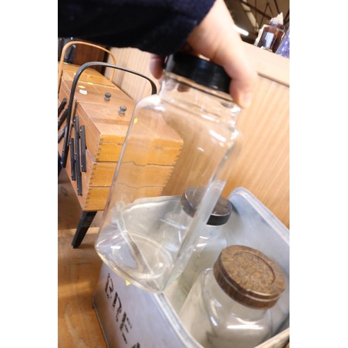 397 - Aluminium bread bin & 3x heavy glass sweet jars