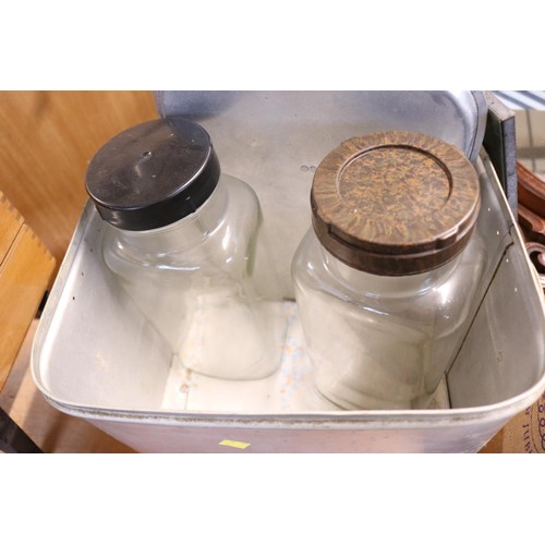 397 - Aluminium bread bin & 3x heavy glass sweet jars