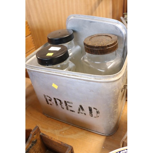 397 - Aluminium bread bin & 3x heavy glass sweet jars