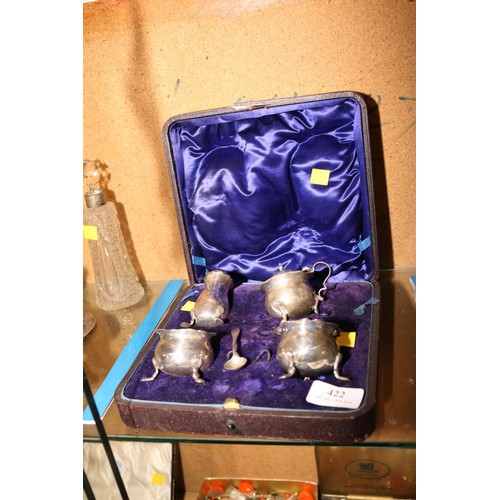 422 - Boxed Cruet set, hallmark silver (box a/f, spoon missing)