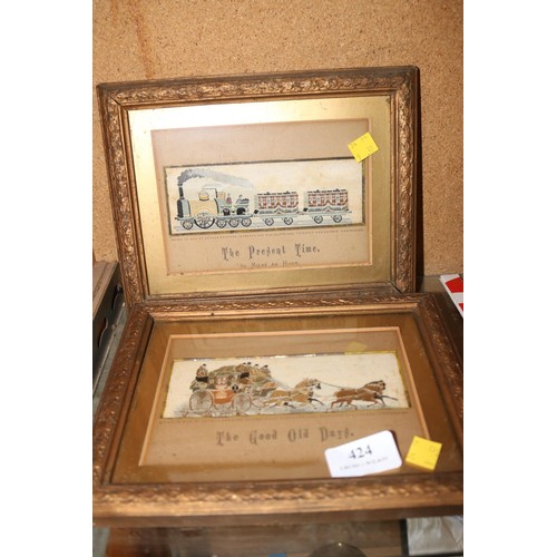 424 - Pair of framed needle work on silk pictures