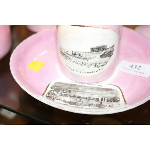 432 - Collection of pink monochrome illustrations of Hunstanton, incl mug, saucer, shaving cup, jug, etc