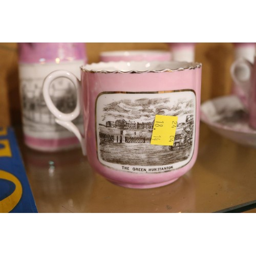 432 - Collection of pink monochrome illustrations of Hunstanton, incl mug, saucer, shaving cup, jug, etc