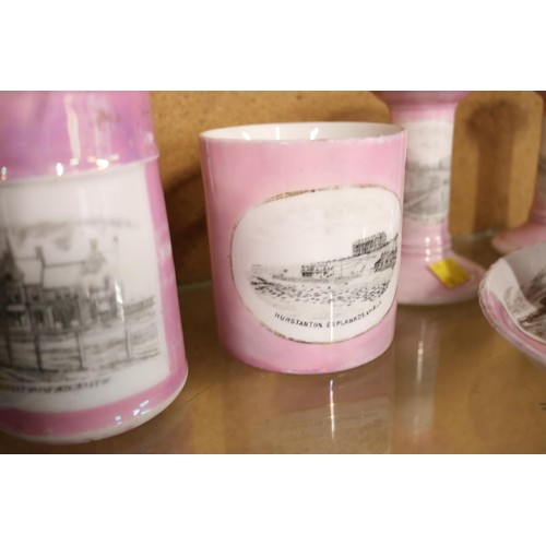 432 - Collection of pink monochrome illustrations of Hunstanton, incl mug, saucer, shaving cup, jug, etc