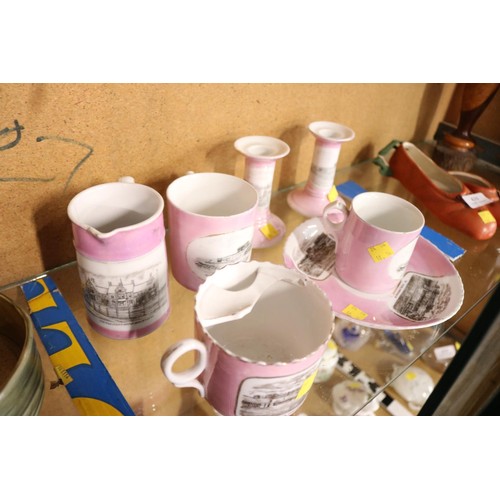 432 - Collection of pink monochrome illustrations of Hunstanton, incl mug, saucer, shaving cup, jug, etc