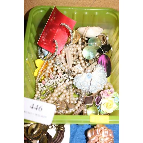 446 - Tray of mixed jewellery, sets, unusual brooches, named watches, etc