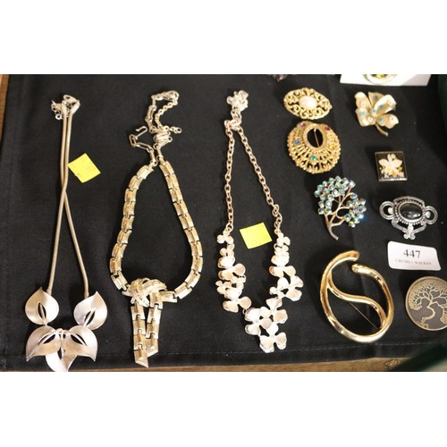 447 - Jewellery - 2 diamonte flower brooches, various carded necklaces, mixed brooches & qty of silver eff... 