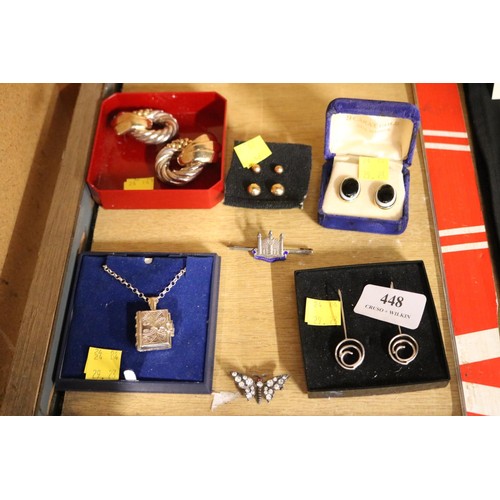 448 - 3 pairs of 9ct gold earrings & hallmarked silver items - multi framed photo locket, butterfly brooch... 