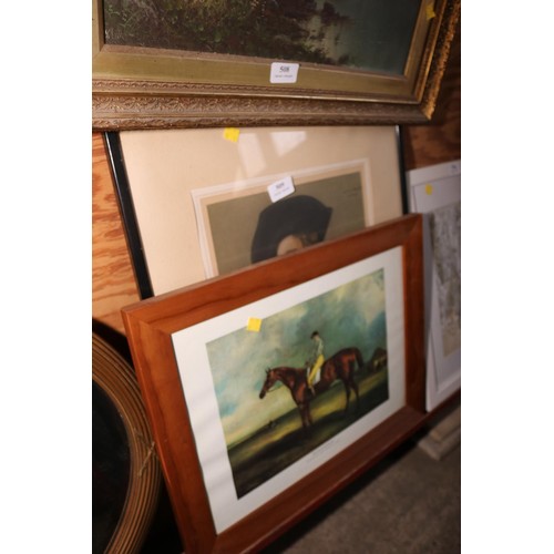 506 - 3 pictures - textile art by Patricia Birks, print of Racehorse & print of a cavalier