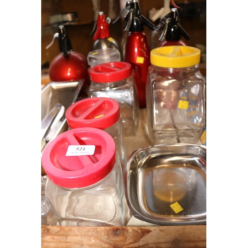 521 - Qty of bar items, soda syphons, jars & stainless items