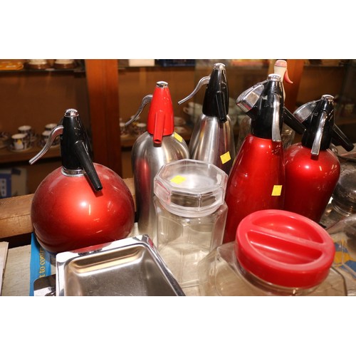 521 - Qty of bar items, soda syphons, jars & stainless items