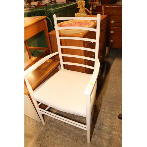 563 - Pair of wheel back chairs, table & white armchair