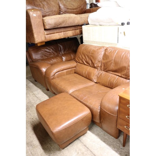 593 - 2x 2-seater brown leather style sofas & foot stool