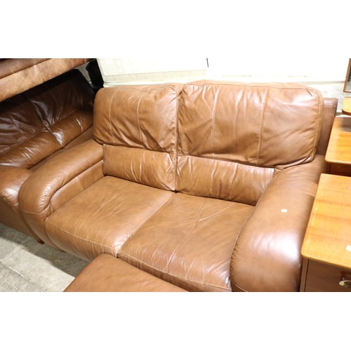 593 - 2x 2-seater brown leather style sofas & foot stool