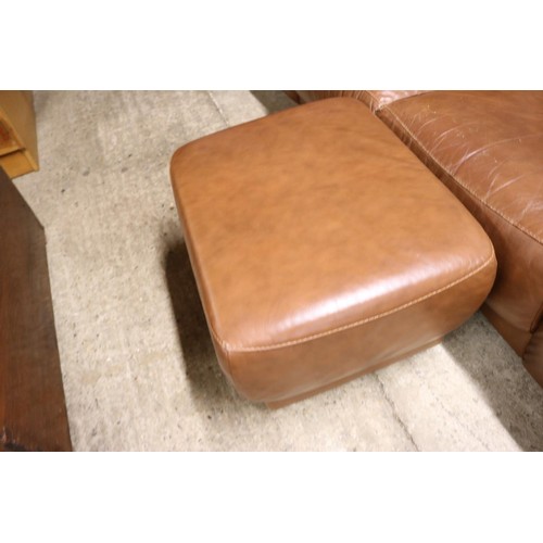 593 - 2x 2-seater brown leather style sofas & foot stool