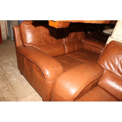 593 - 2x 2-seater brown leather style sofas & foot stool