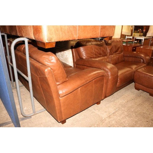 593 - 2x 2-seater brown leather style sofas & foot stool