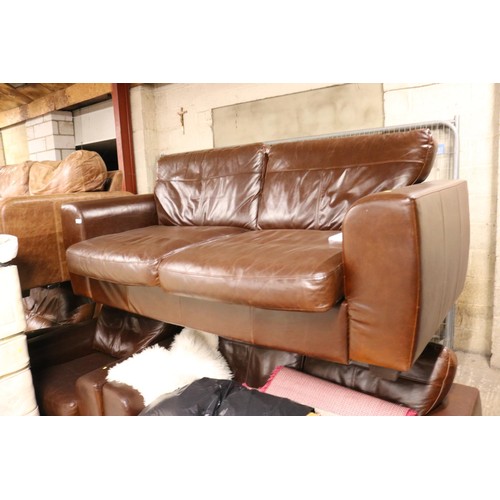 618 - Brown leather 2x 2-seater sofas & chair