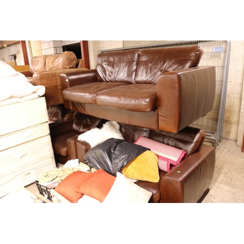 618 - Brown leather 2x 2-seater sofas & chair